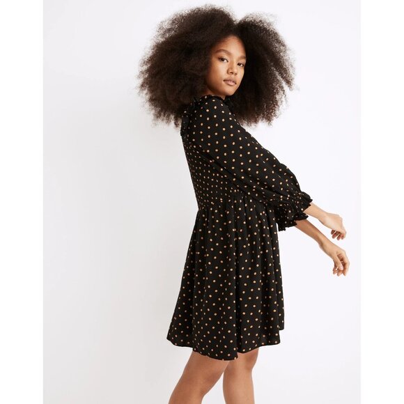 Madewell Lucie Womens Black-Tan Polka Dot Smocked Dress  Sz Med - Party - Boho - Picture 1 of 9